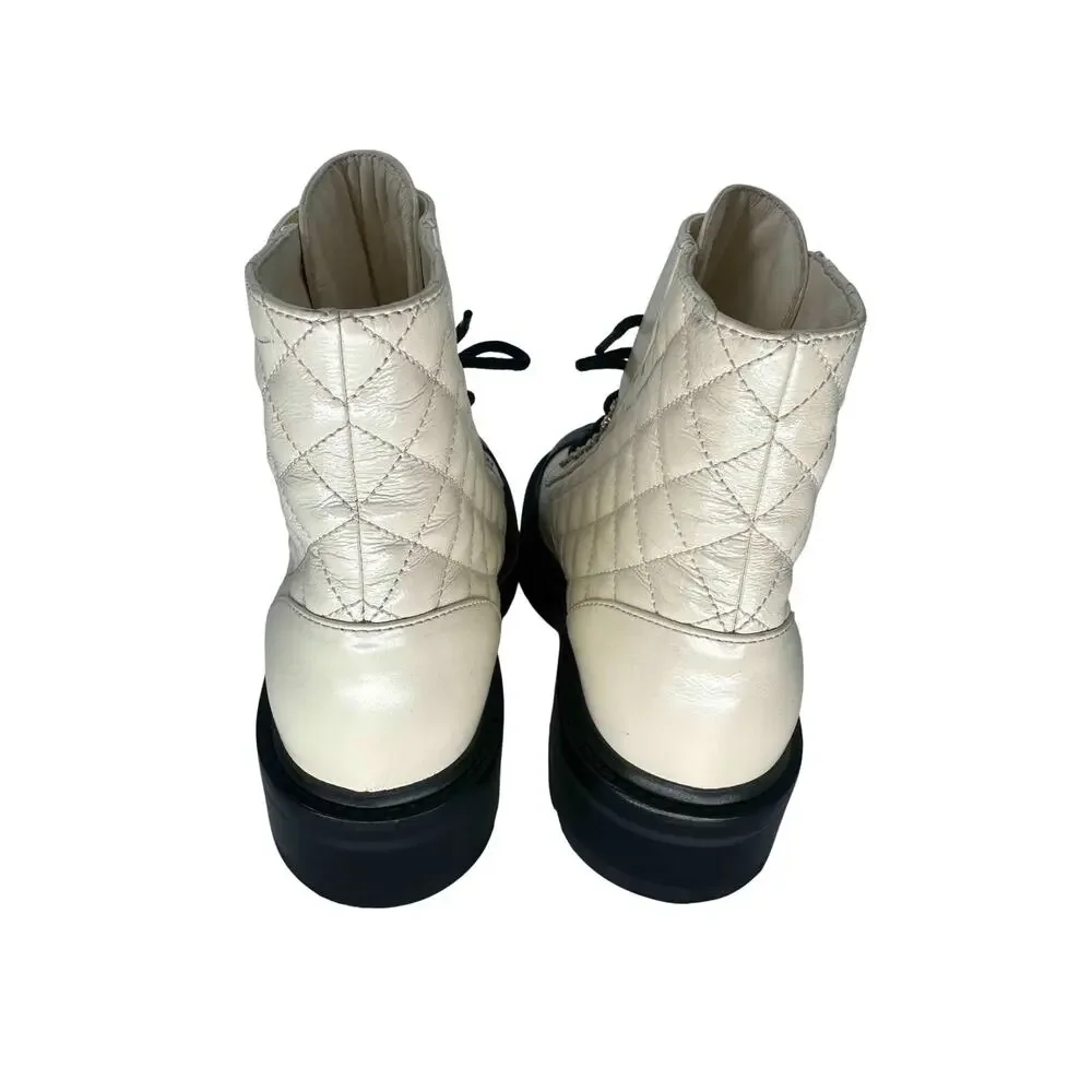 Chanel Goatskin Quilted Chain CC Cap Toe Lace Up Combat Boots Ivory Women's 37.5
